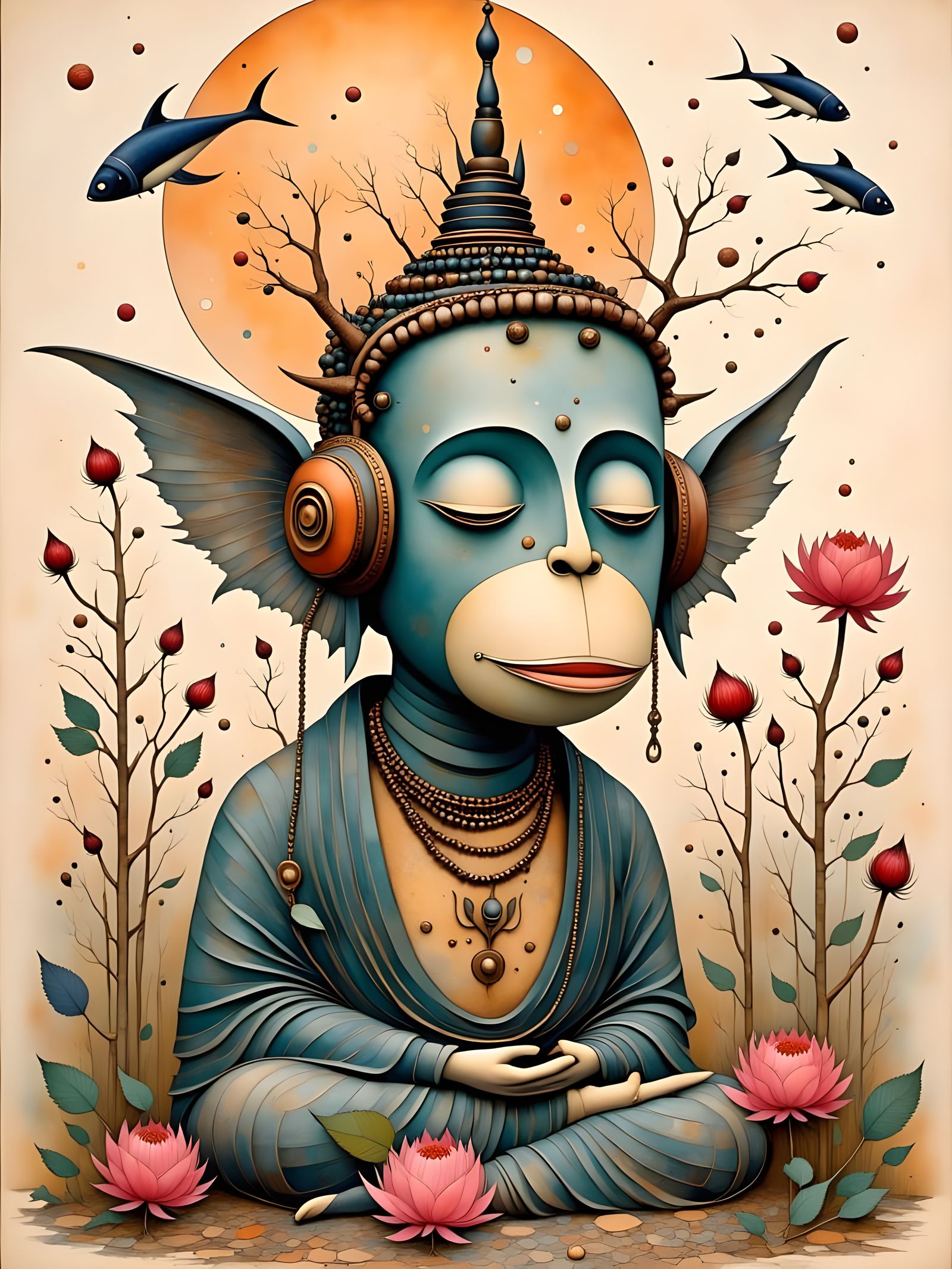 Steampunk Buddha Robot Meditating with Monkey