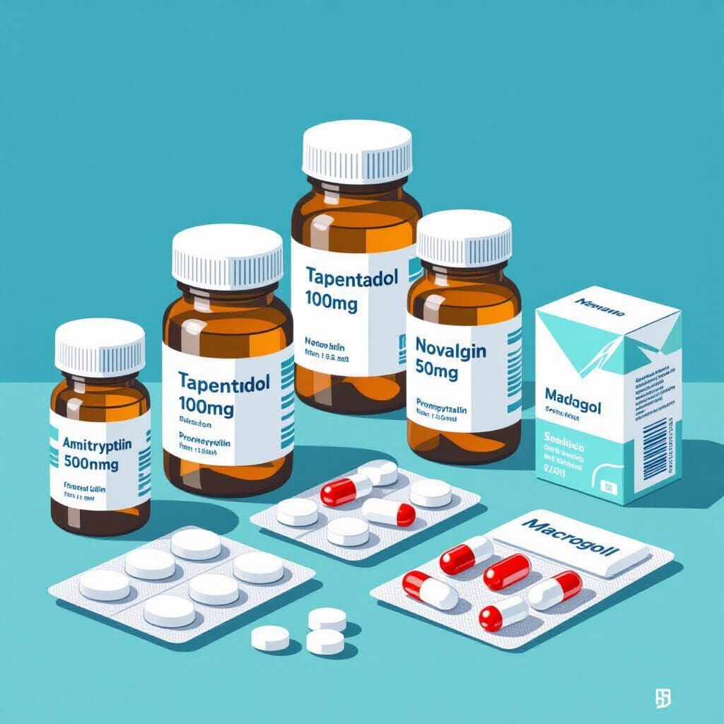 Tapentadol 50mg
Novalgin 100 mg
Palexia 50 mg
Amitryptilin
Promethazin
Macrogol