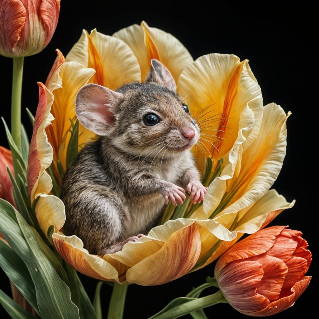 Tiny Mouse in a Delicate Tulip, Watercolour Style