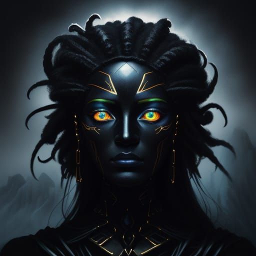 Goddess of Black Canyons in Surreal Oil Painting