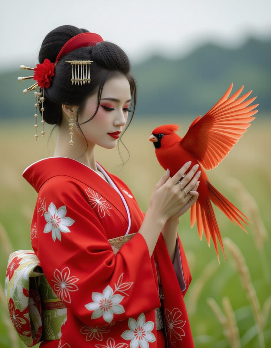 Woman in Red Kimono Releases Fluffy Bird in Nature