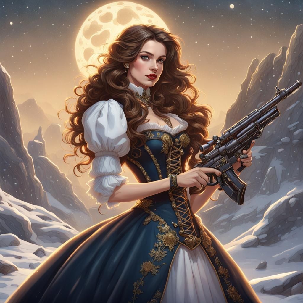 Beautiful woman holding a steampunk style gun