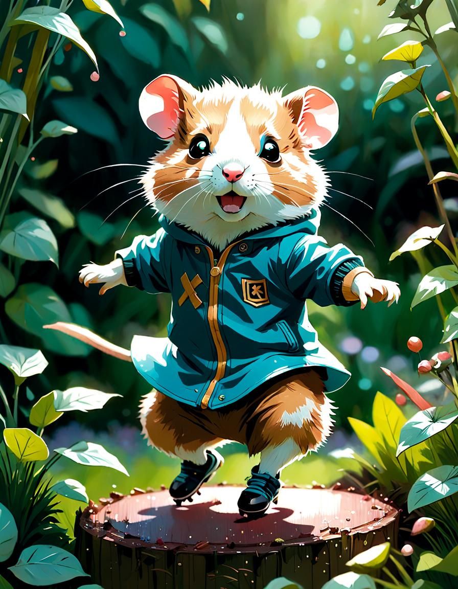 Hamster Figure Skater in Garden, Digital Art