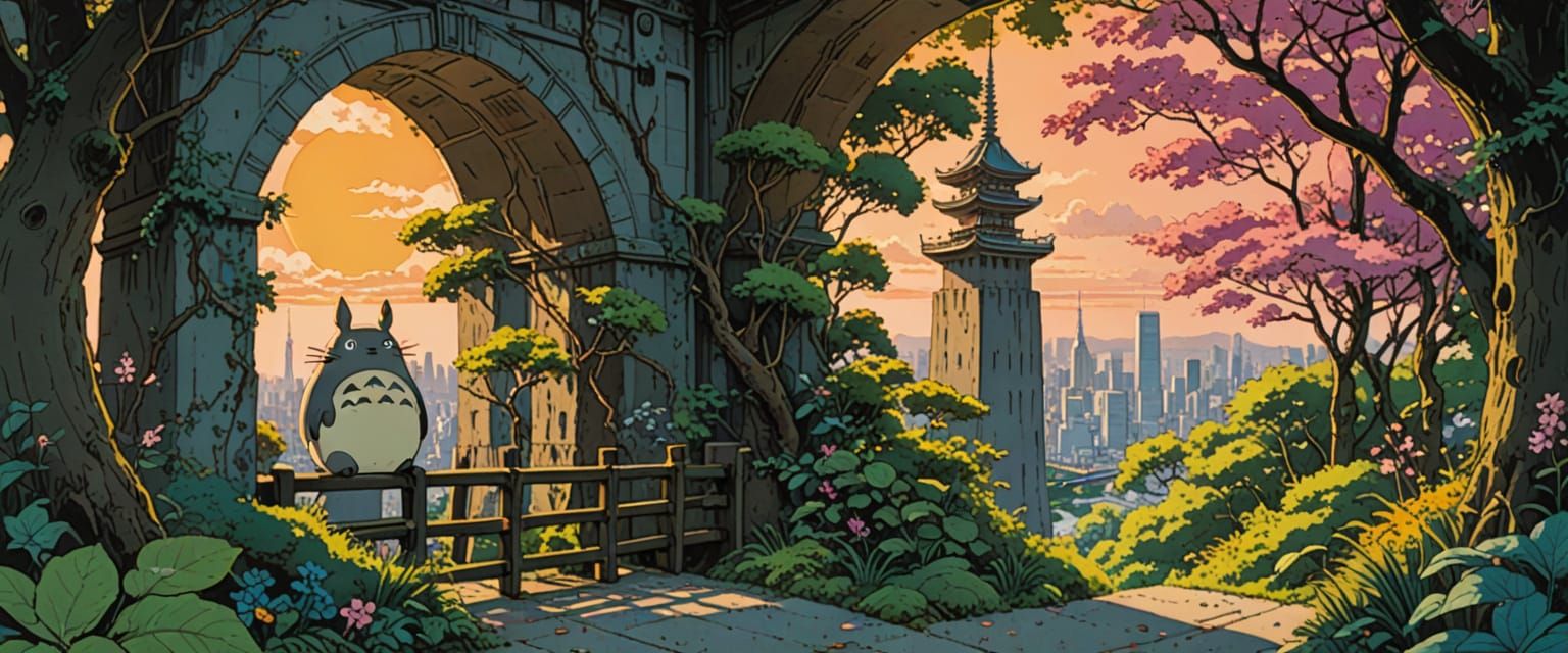 Totoro Overlooking Tokyo in Comic Book Style