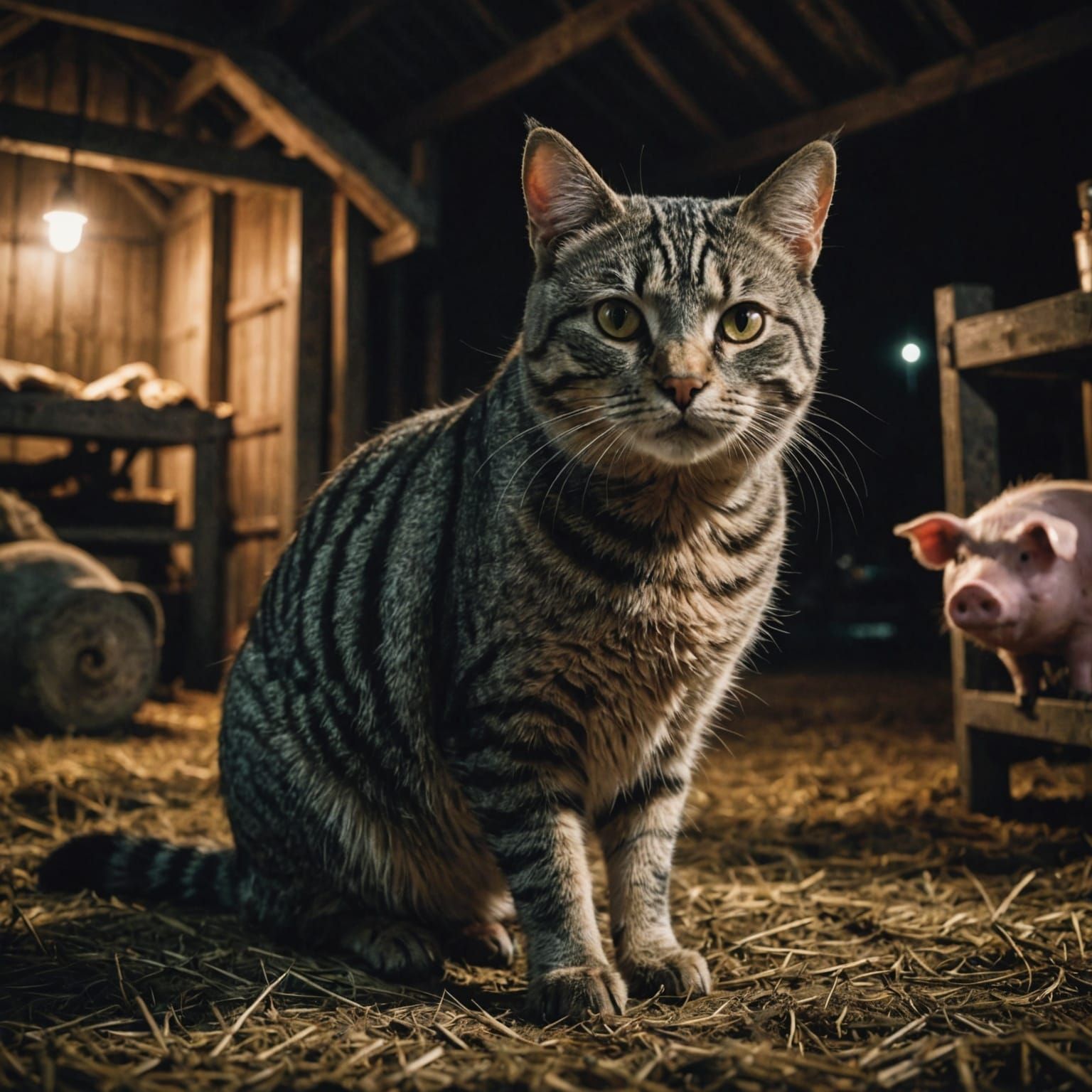 Grey Tabby Cat and Pig in Barn, Cinematic Still