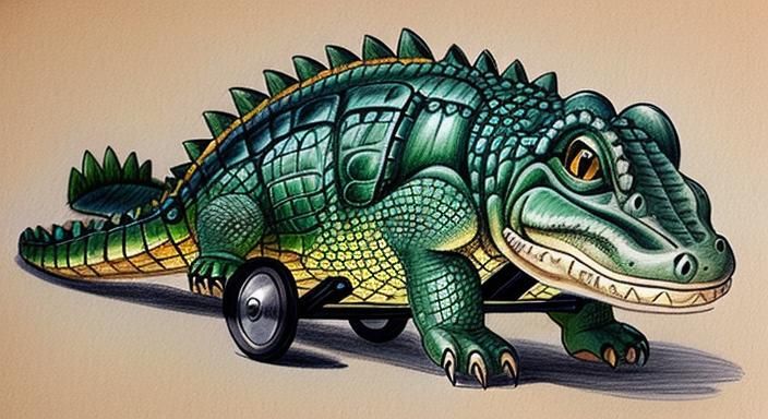 Cute Crocodile Baby in Carriage Colored Pencil Sketch