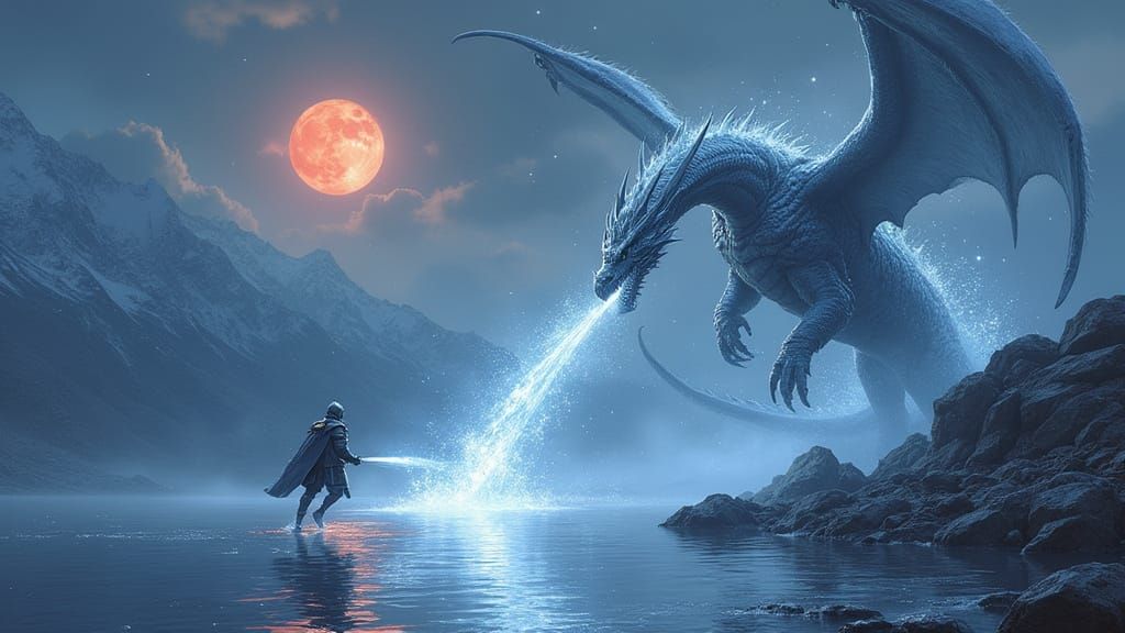 Knight Battles Silver Dragon by Lake Under Blood Moon
