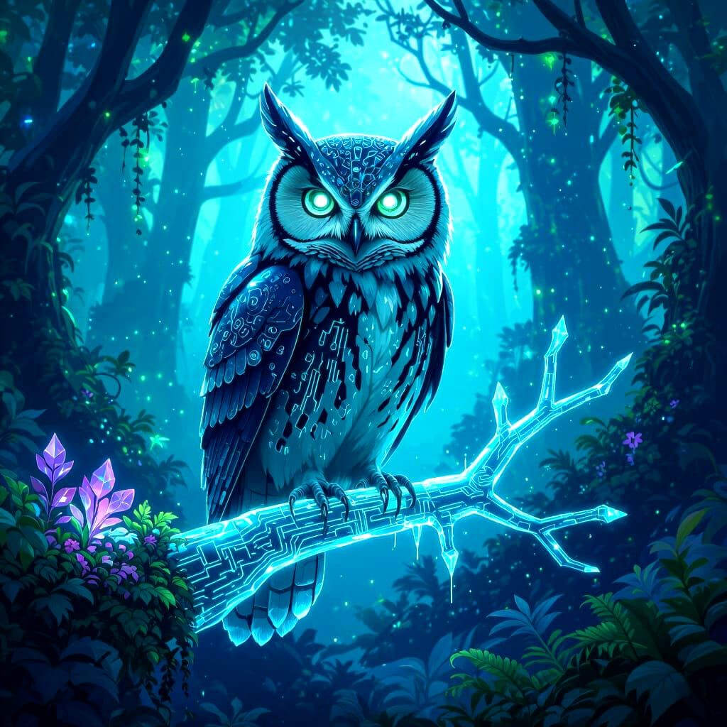 Biomechanical Owl on Crystalline Branch in Alien Forest