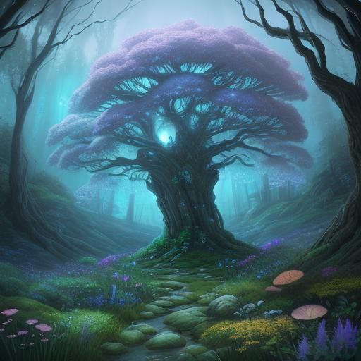 Mystical Glowing Mushrooms on Ancient Mountain