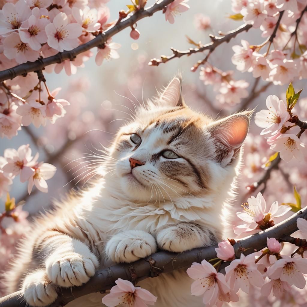 Kitten Sleeping on Cherry Blossoms in Watercolor Style