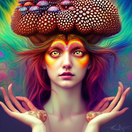 Psychedelic Goddess Portrait with Fractal Hair, Digital Art