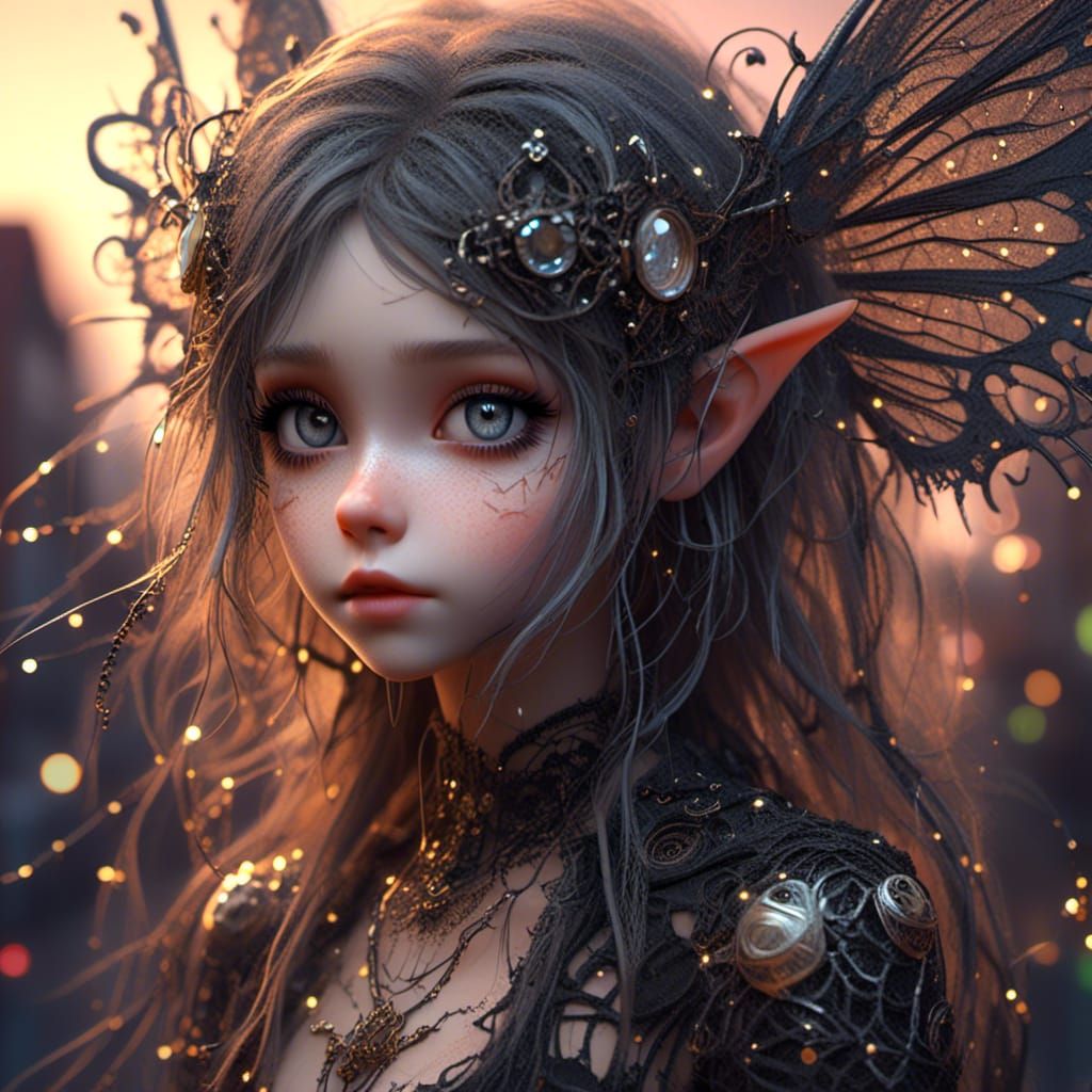 Dystopian Pixie with Mechanical Wings in Digital Art