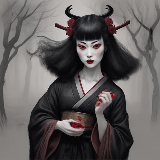 Japanese Vampire Tea Ceremony: Expressionist Ukiyo-e Style