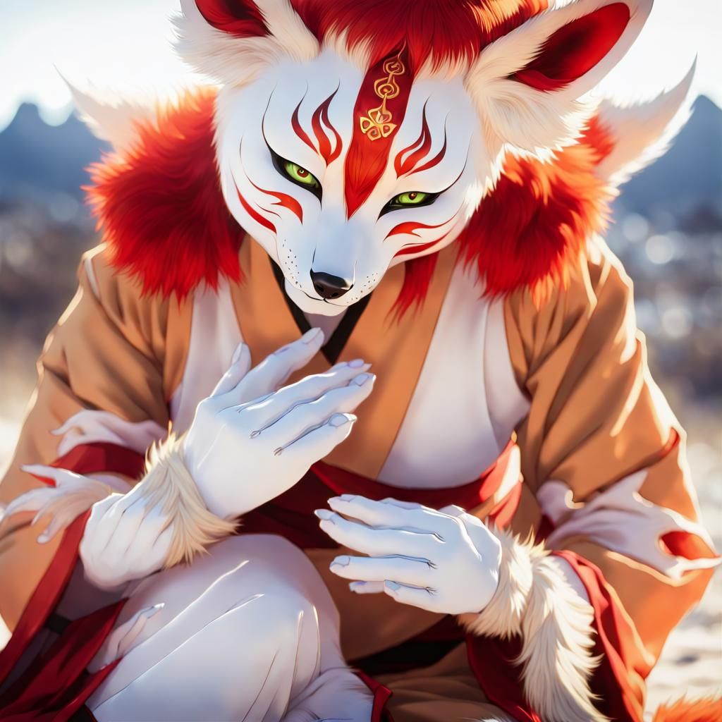 Kitsune in Costume Massaging Her Master