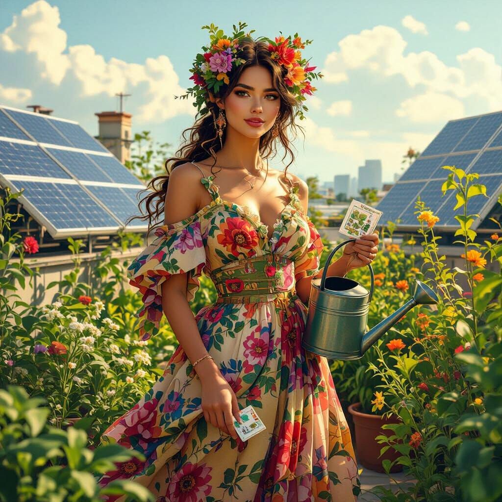 Solarpunk Botanist Queen in Rooftop Garden, Art Nouveau Styl...