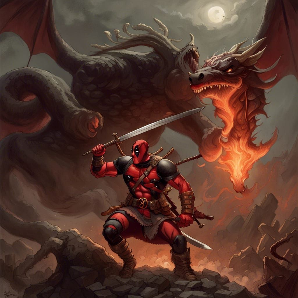 Viking Deadpool Fighting Dragon in Horror Style