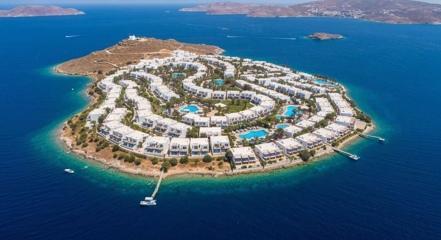 Vast Hotel Complex Dominates Cycladic Island Aerial View