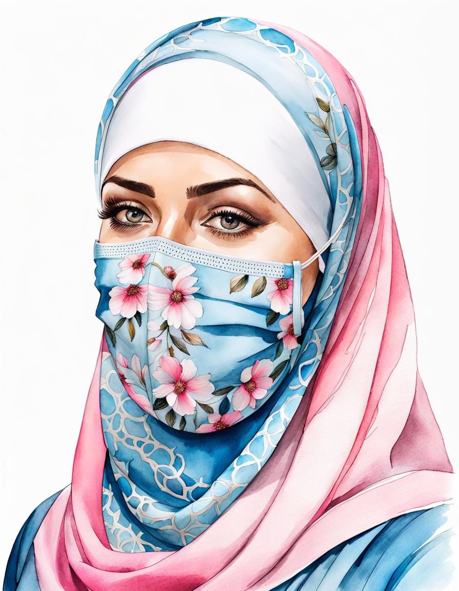 Watercolor Portrait of Woman in Hijab and Mask
