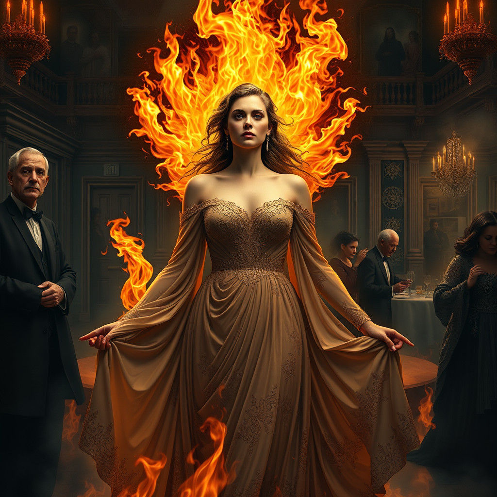Perimenopausal Woman Amidst Golden Flames: Old Masters Style