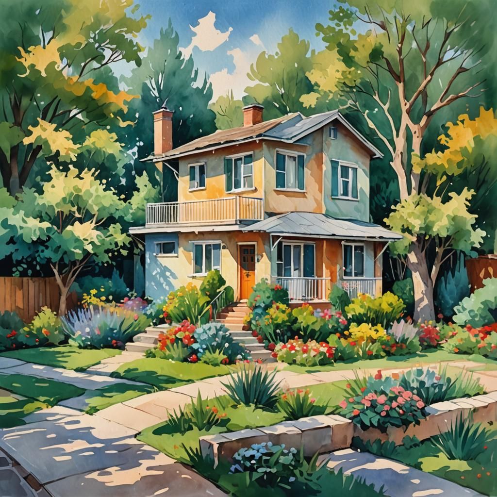 Modern House in Gouache and Watercolor Style