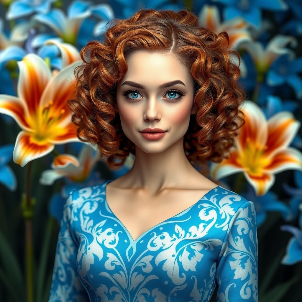 Beautiful Woman in Blue Lily Dress, 3D Digital Art