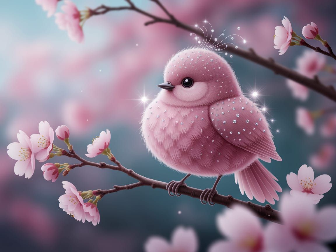 Whimsical Pink Bird in Enchanted Cherry Blossom Scene