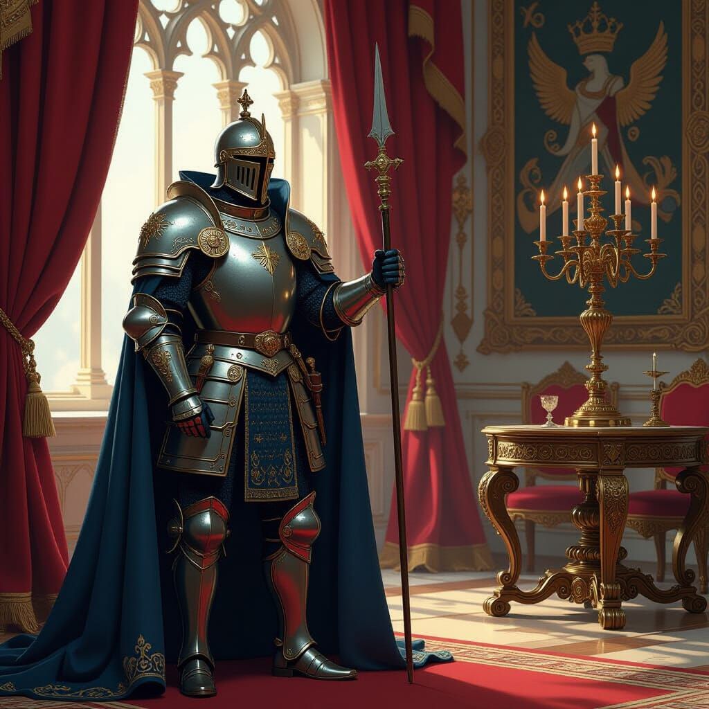King's Bodyguard Beside Throne in Mystical Realism Style