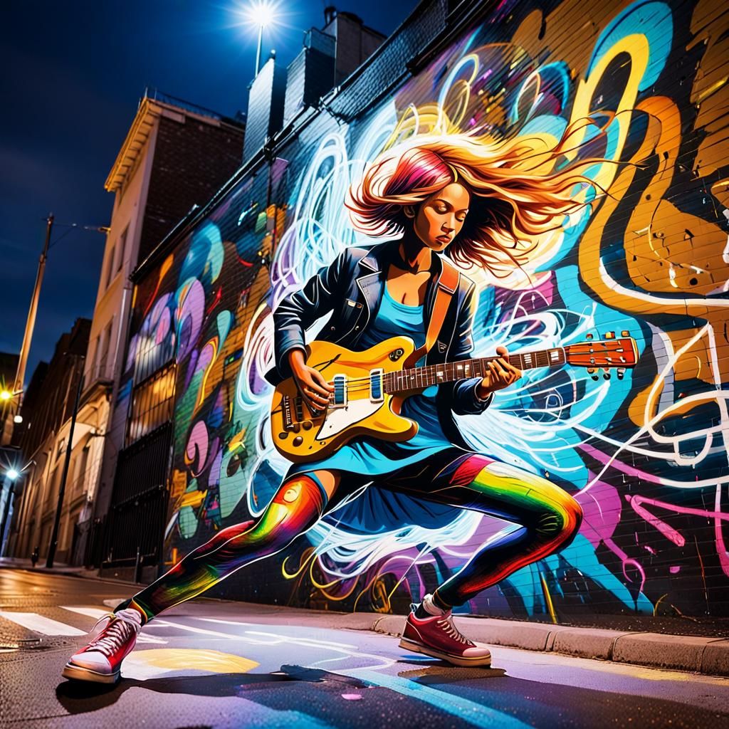 Vibrant Street Art of Guitarist at Night