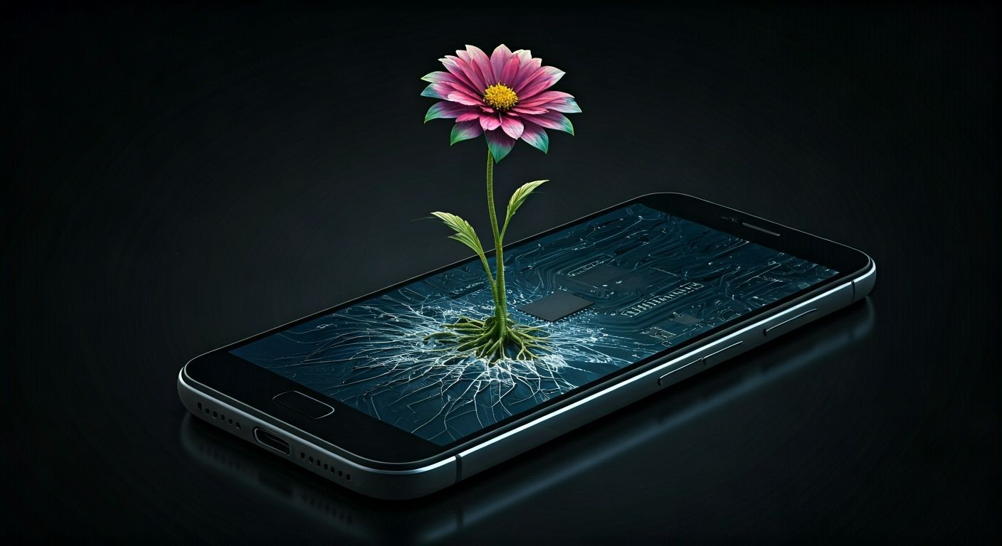 Flower Sprouts From Broken Phone: Nature vs. Technology