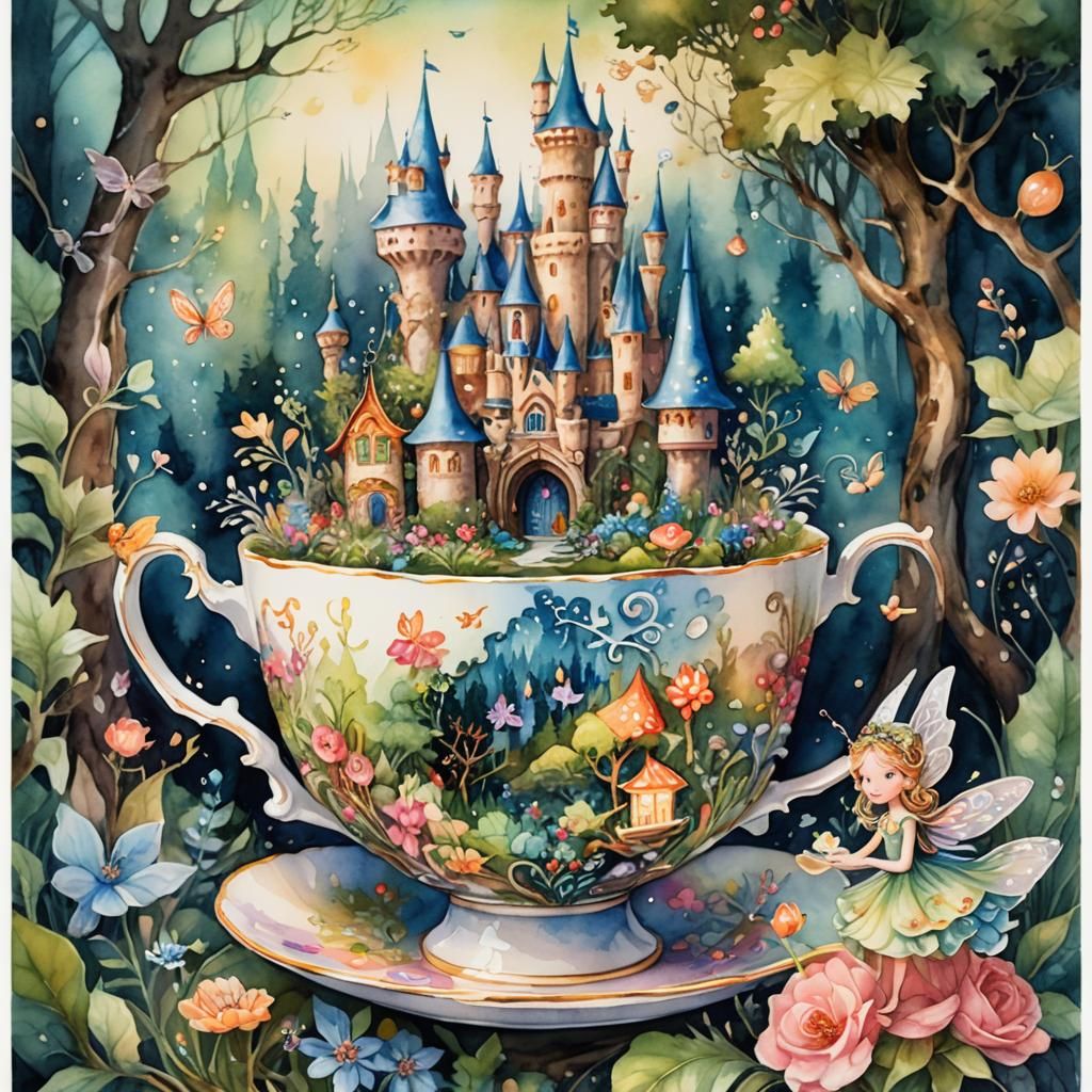 Magical Teacup World in Watercolor Impasto Style