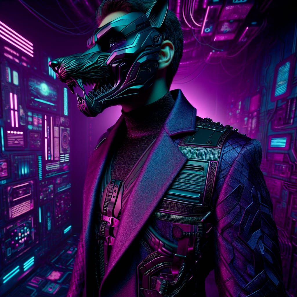 Cyberpunk Hero in Violet Attire with Neon-Infused Wolf Mask