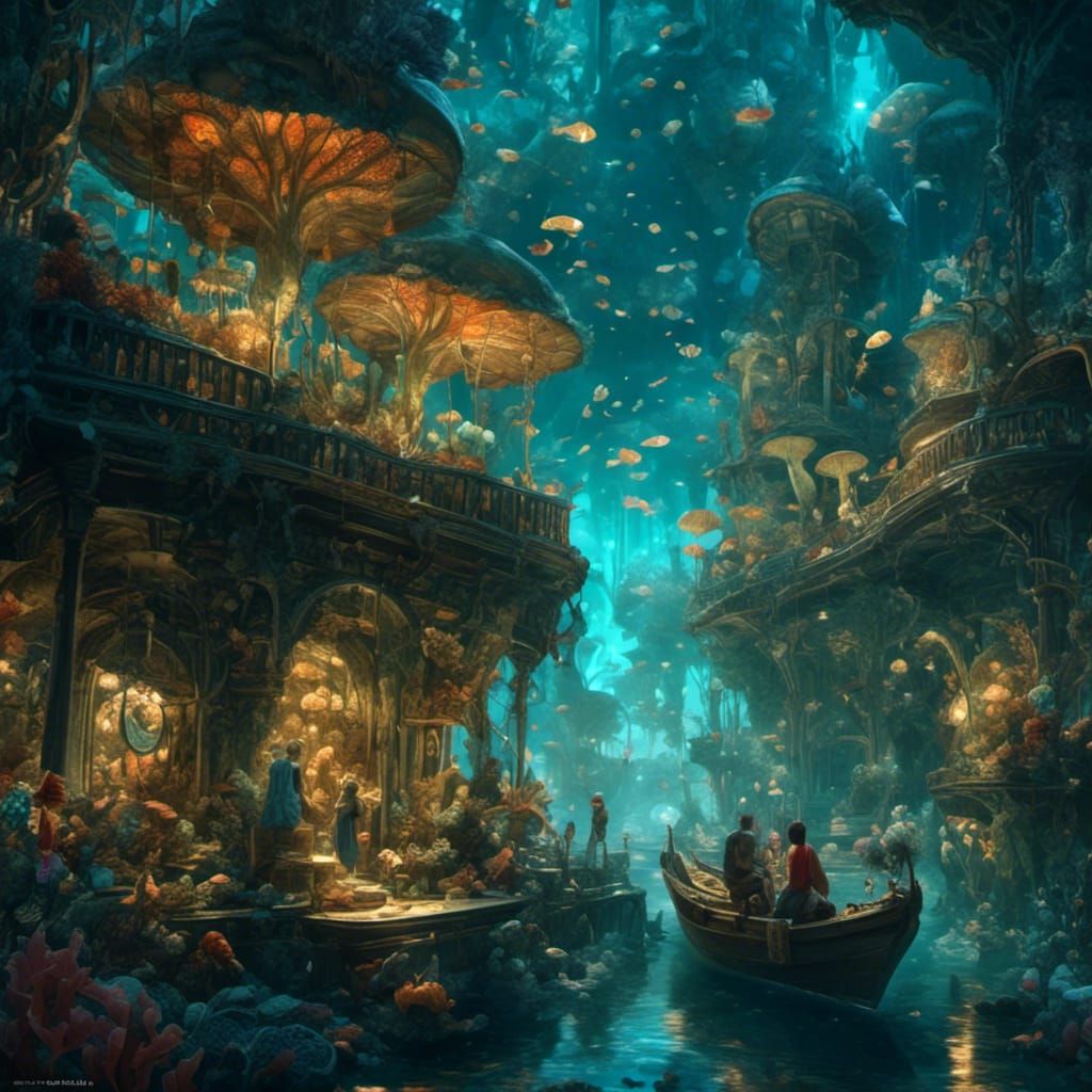 Ethereal Underwater Cityscape with Bioluminescent Life