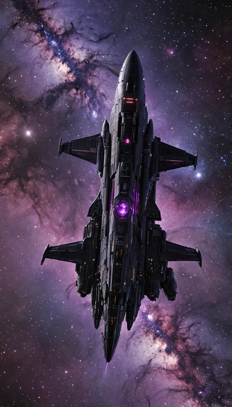 Epic Cyberpunk Spaceship in a Vibrant Purple Nebula