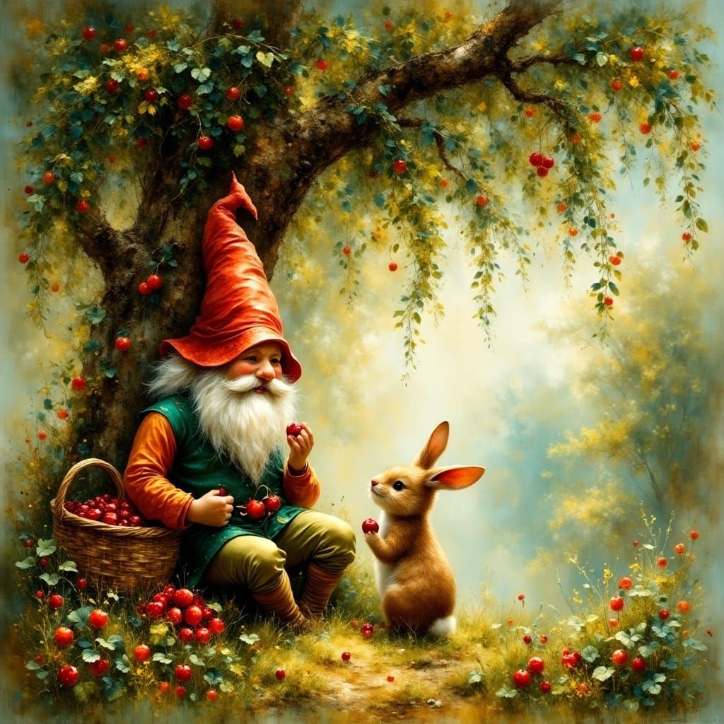Gnome Enjoys Cherries Under Whimsical Willow