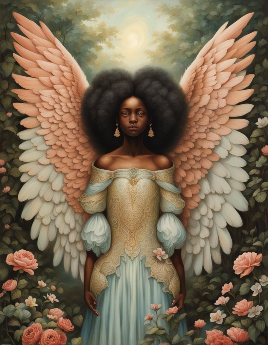Melanin Angel with Wings in Rococo Secret Garden