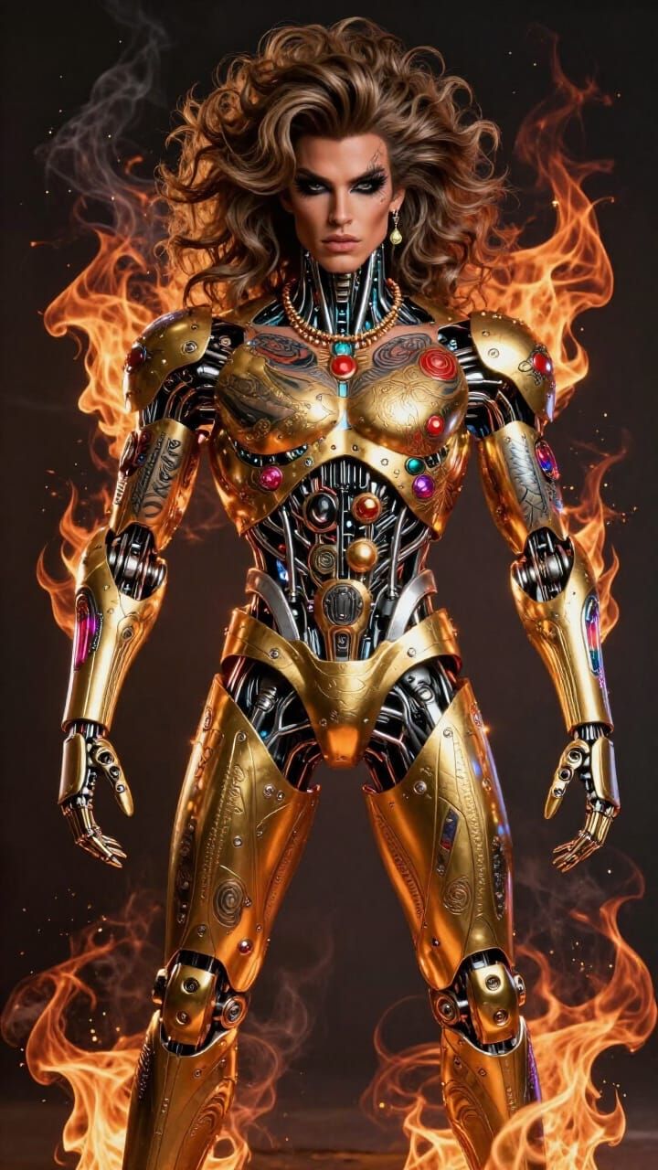 Cyborg Man with Engraved Legs in Gold and Red