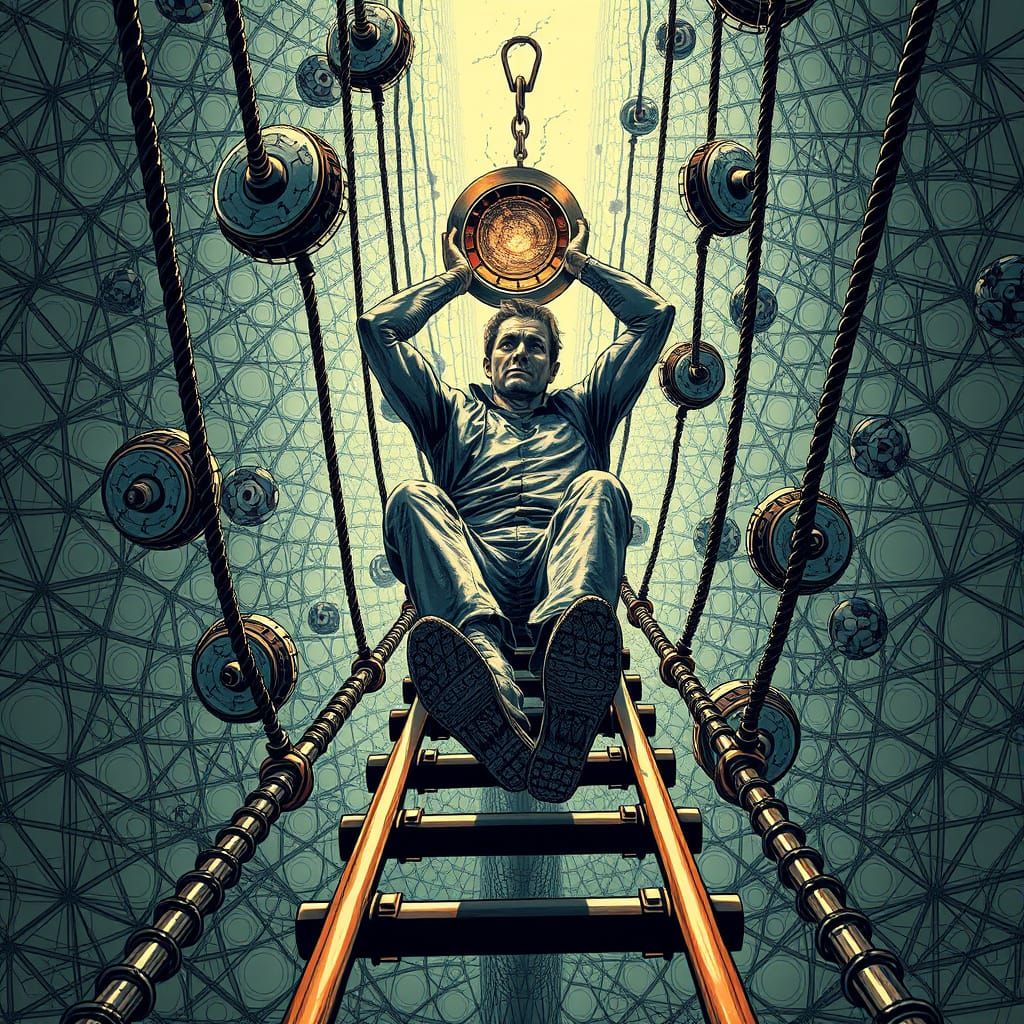 Man Ascending Rungs in Abstract Fractal Style