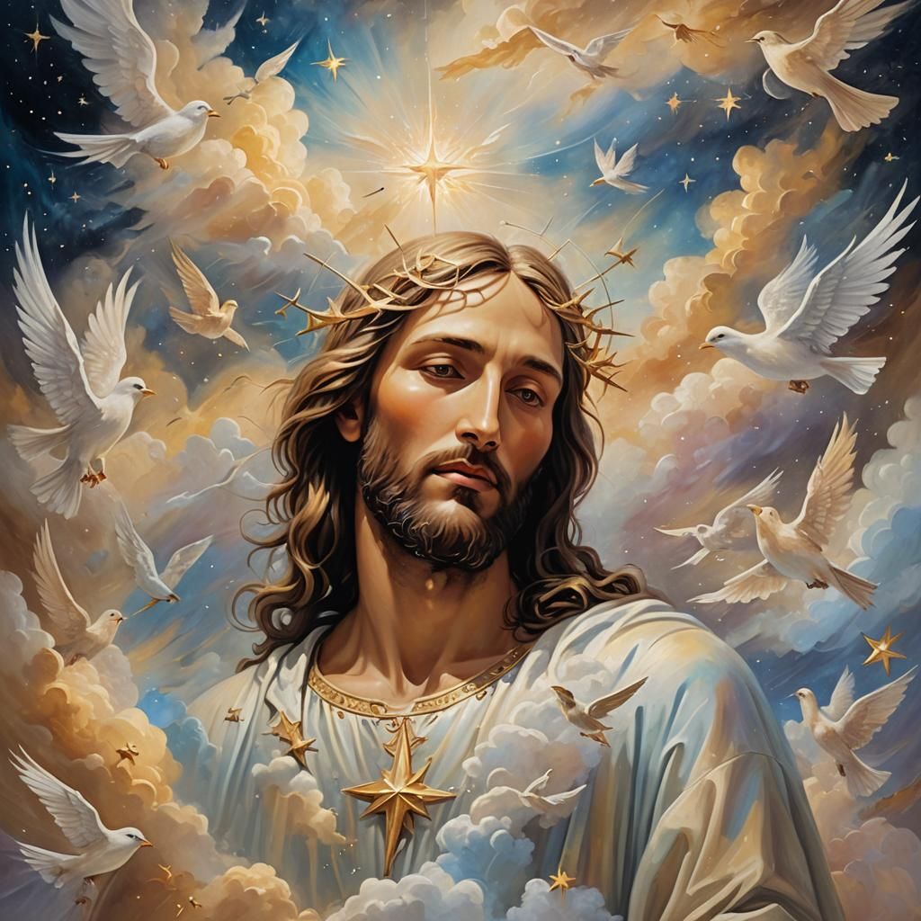 Surreal Christ Figure Made of Clouds and Stars