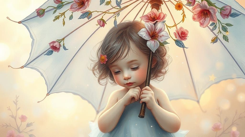 Whimsical Child Under Umbrella in Dreamy Morning Scene