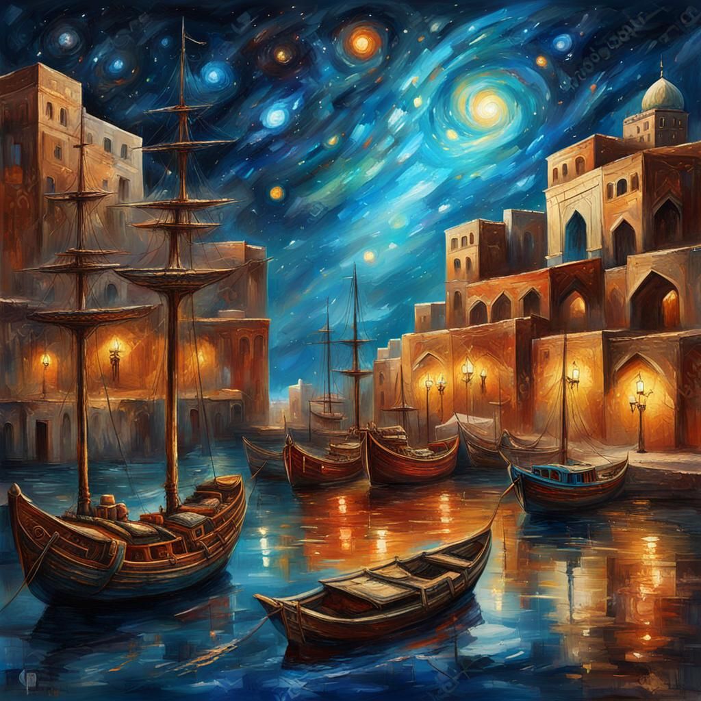 Arabian Port with Galaxy Sky in Abstract Oil Sketch