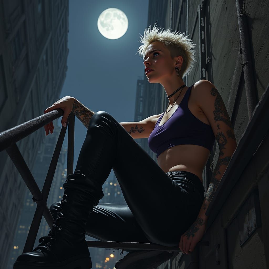 Edgy Woman on Fire Escape Gazing at Moon