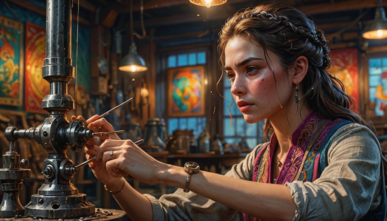 Woman at Spindle in Hyperrealistic Splash Art