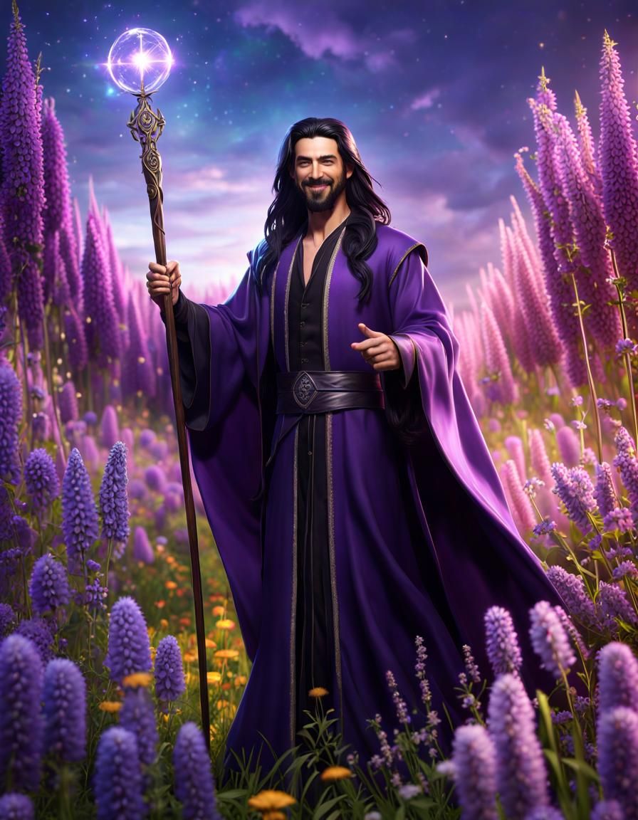 Handsome Wizard in Purple Robes in Flower Meadow