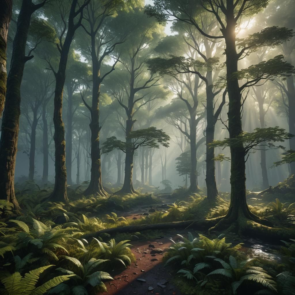 Misty Forest: Hyper-Realistic Detailed Matte Painting