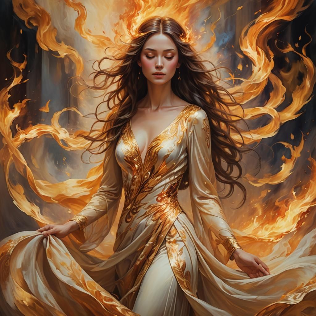 Ethereal Woman Embraced by Golden Flames: Fantasy Art