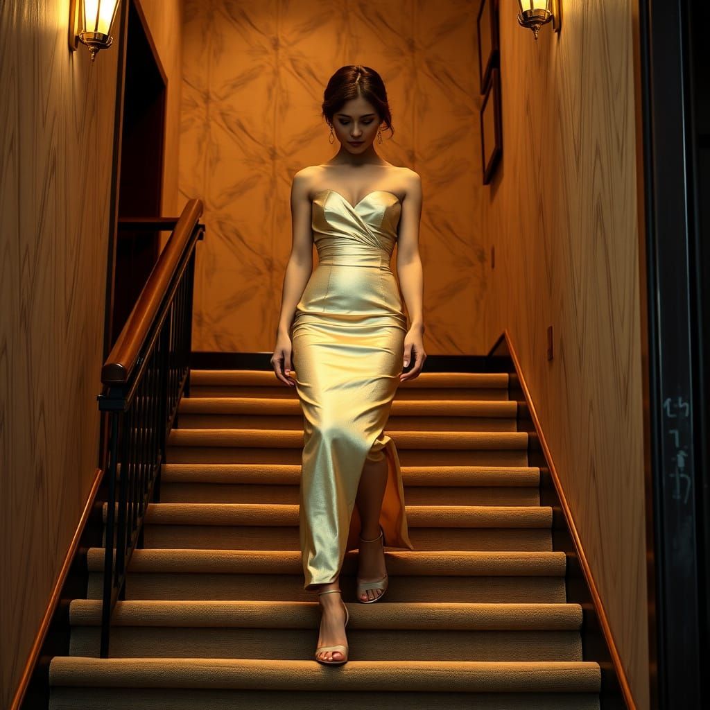 Elegant Woman Descends Stairs in Glowing Dress & Silver Heel...