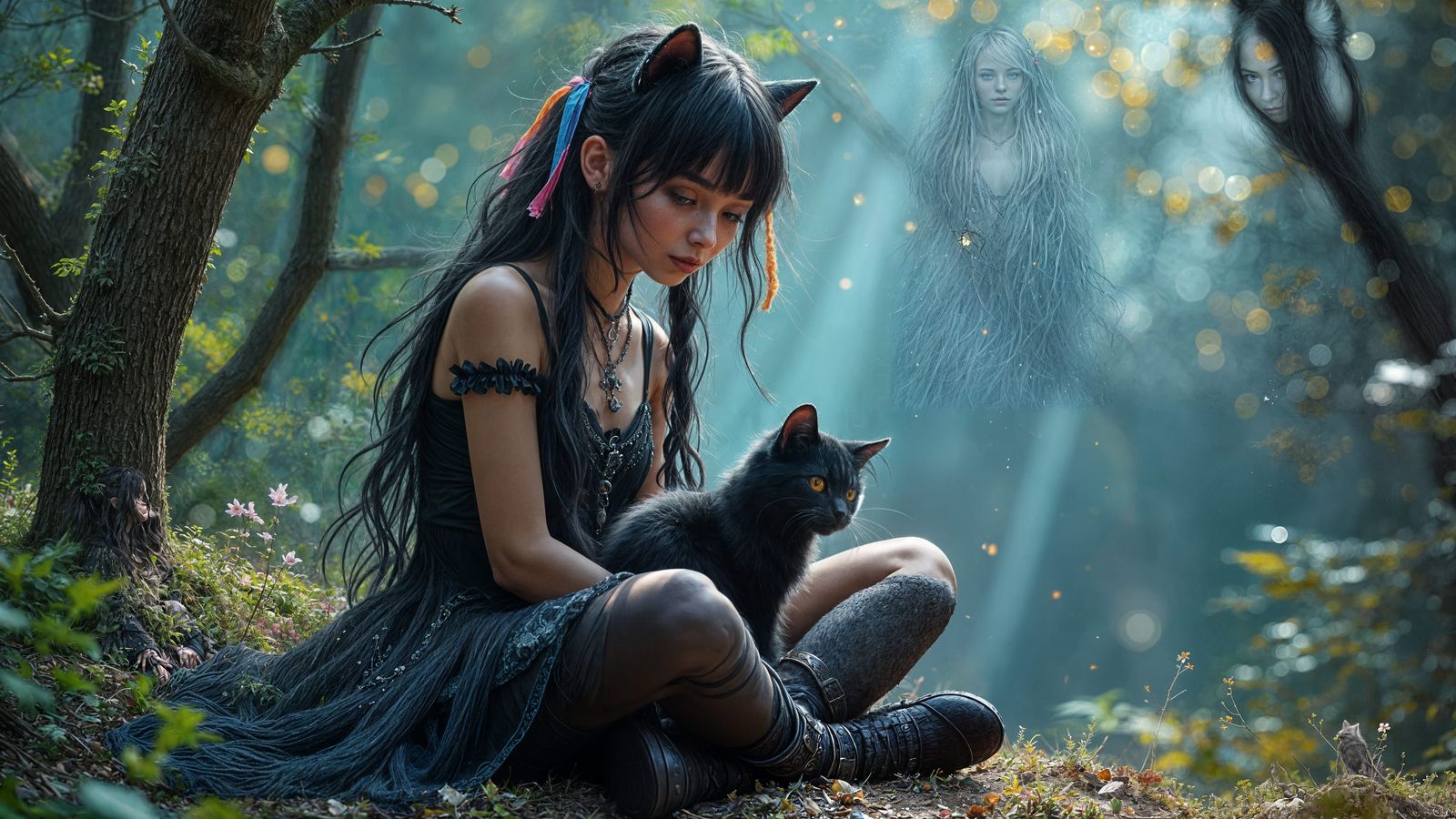 Ethereal Forest Girl with Kitten in Fantasy Art