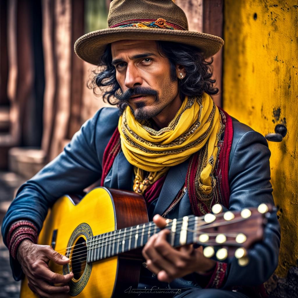 Colorful Gypsy Man with Guitar in Hyperrealistic Style