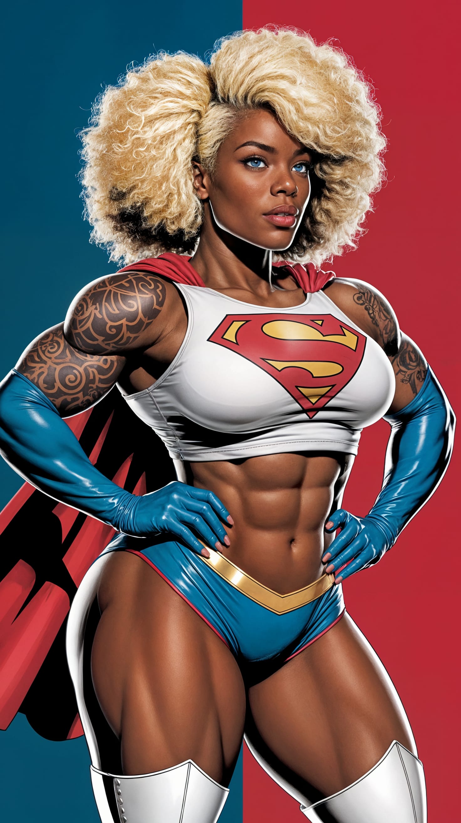 Hyperrealistic Supergirl with 'S' Tattoo and Blonde Afro
