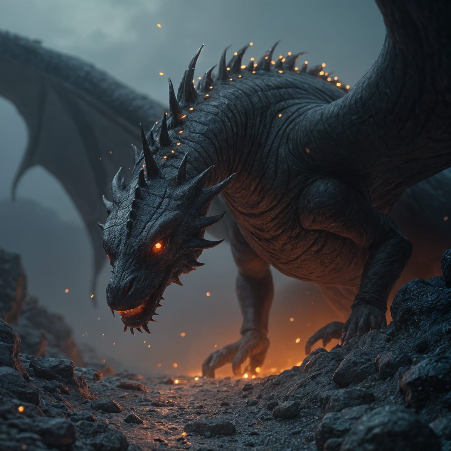 Black Dragon with Red Eyes in Dark Fantasy Style